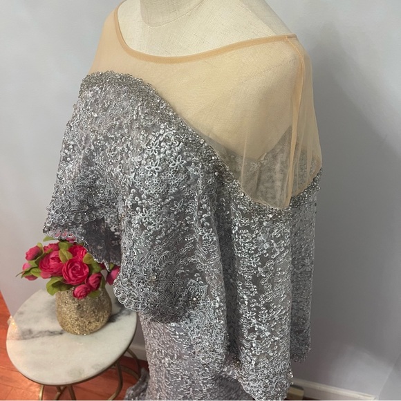 Mac Duggal Pearl Grey Cape Style Embellished Wedding Evening Gown- NWT- Reemoly - Picture 7 of 17